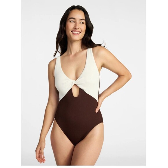 Time and Tru Other - NWT Time and Tru Brown Cream Colorblock Twist Front One Piece Swimsuit XL 16-18